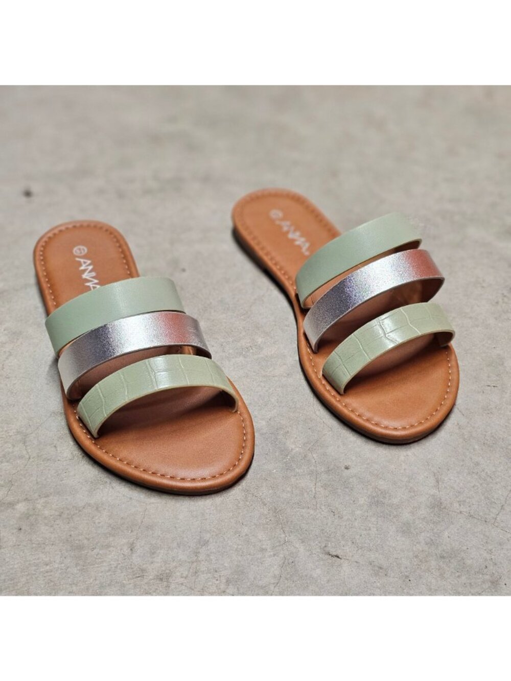 Womens Triple Strap Slide Sandals With Metallic & Green Color - Picture 7 of 9